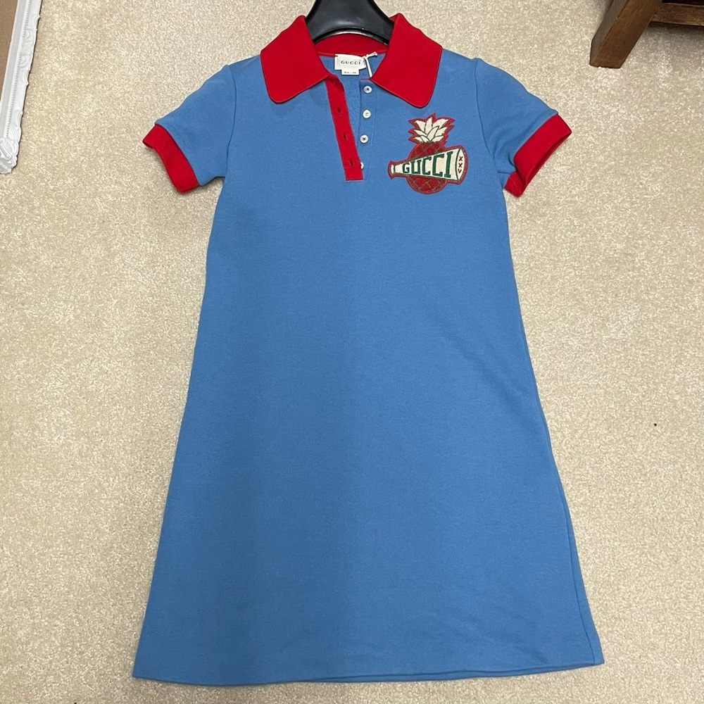 Gucci Blue Dress with Red Collar and Cuffs